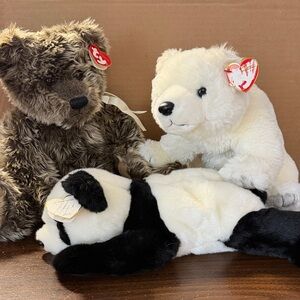 Vintage Ty Classic Plush Bear Trio Polar Bear, Panda, Brown Bear Retired